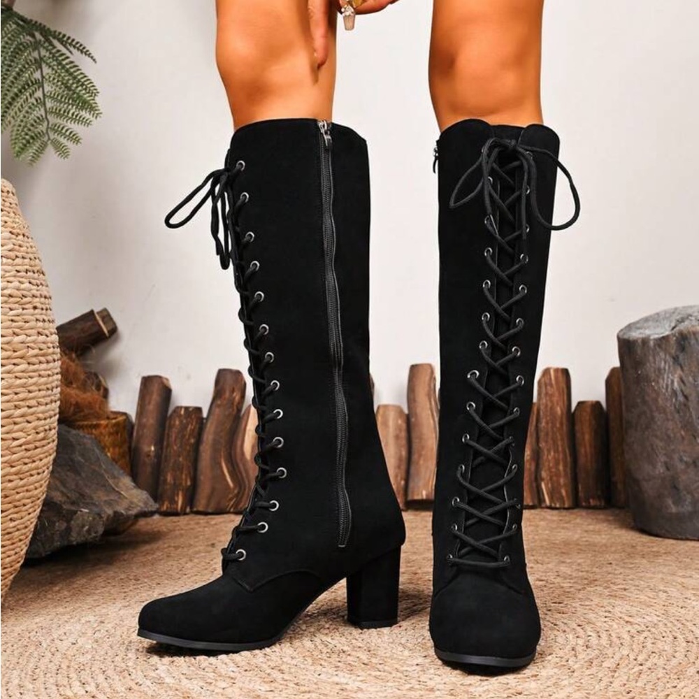 Black Suede Knee-High Lace-Up Boots